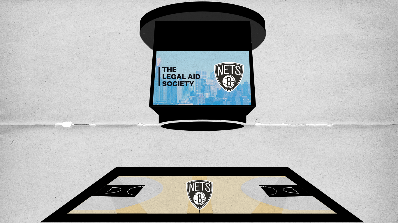 a vector illustration of a jumbotron with the legal aid and brooklyn nets logos positioned over a basketball court