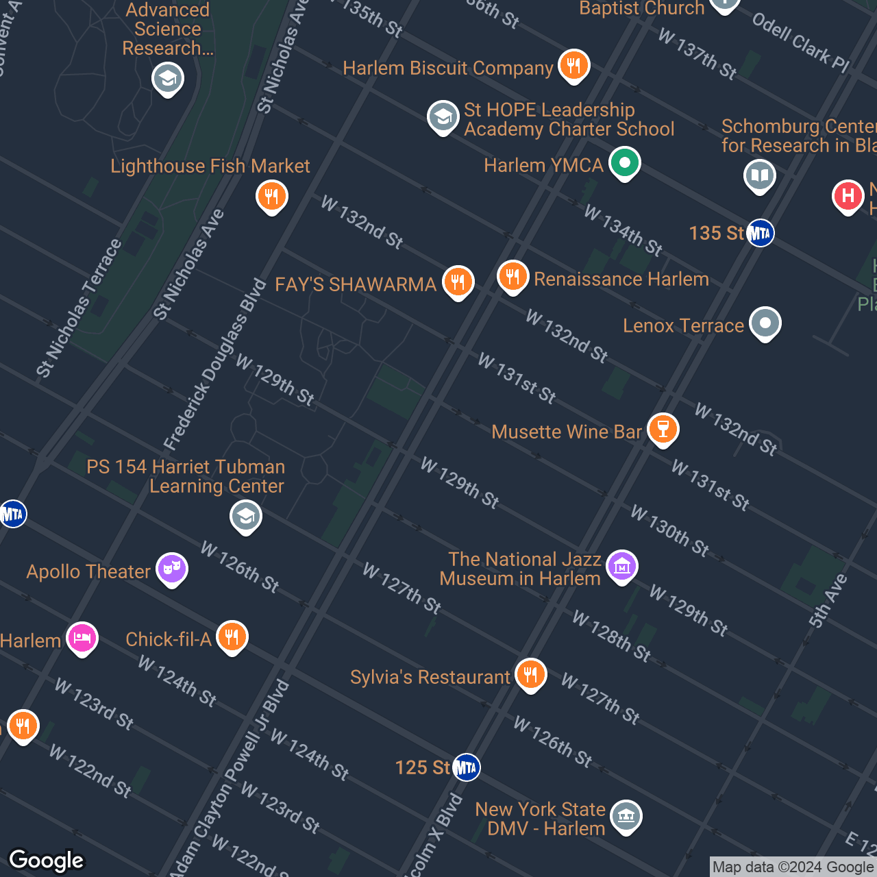 A map that marks the location of 2185 Adam Clayton Powell Jr Blvd
New York, NY 10027