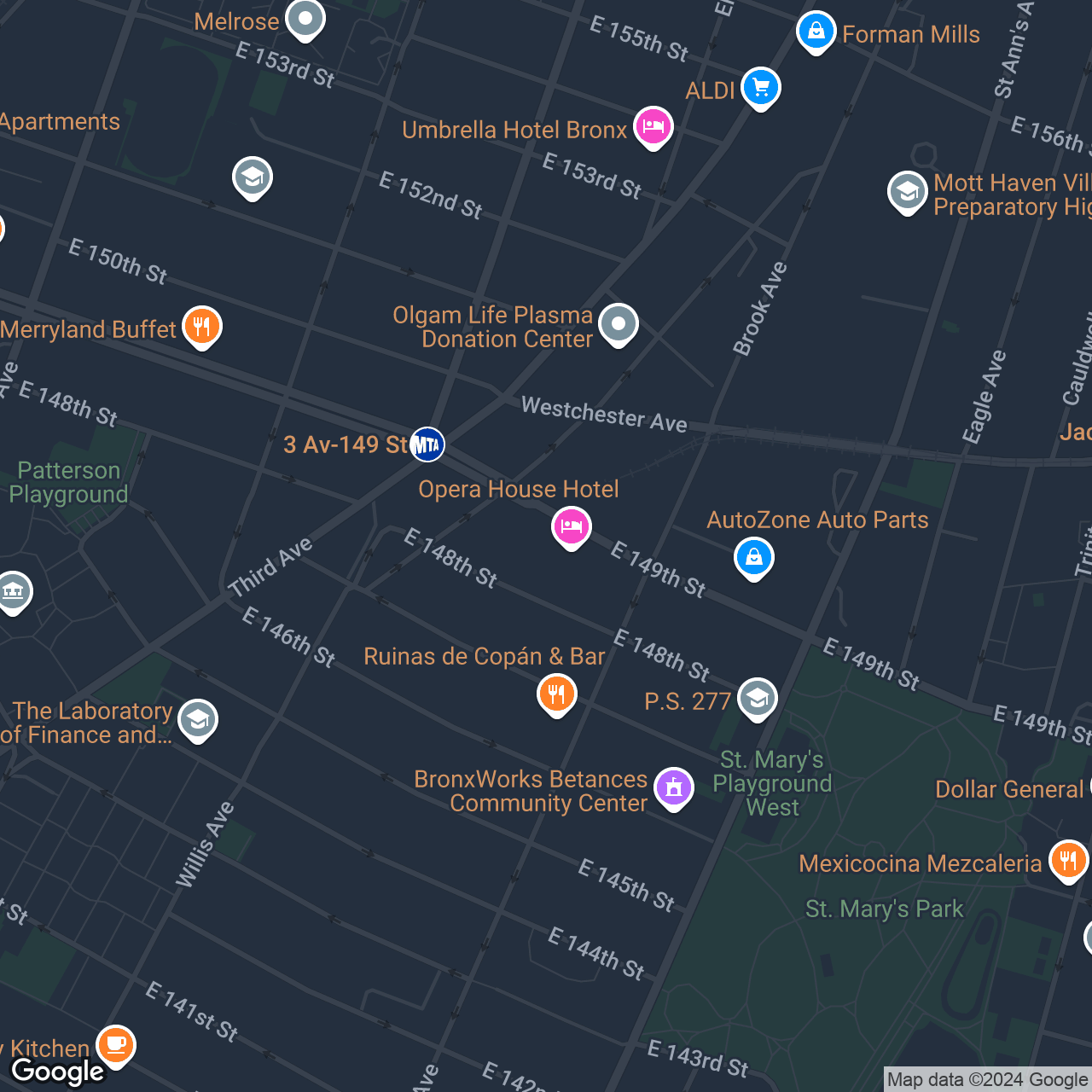 A map that marks the location of 432 East 149th St, 2nd FL
Bronx, NY 10455